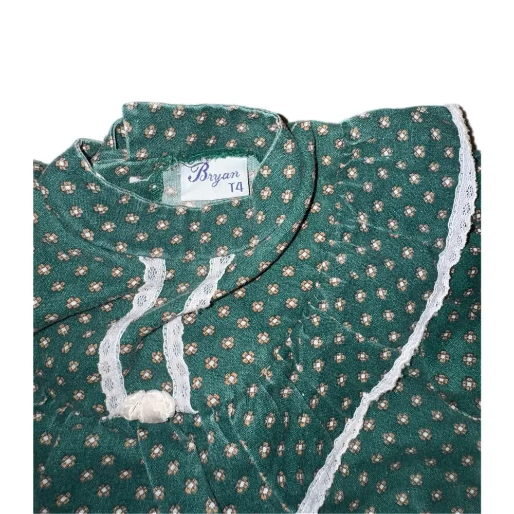 Vintage Bryan Toddler Girls 4T Dress Green Floral Prairie Lace Prairie Core